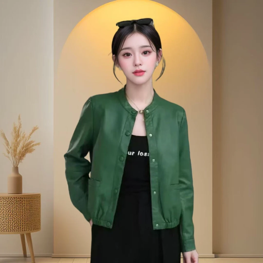 【单里衬】海宁正品2025春秋新款时尚休闲圆领气质皮衣外套女2507