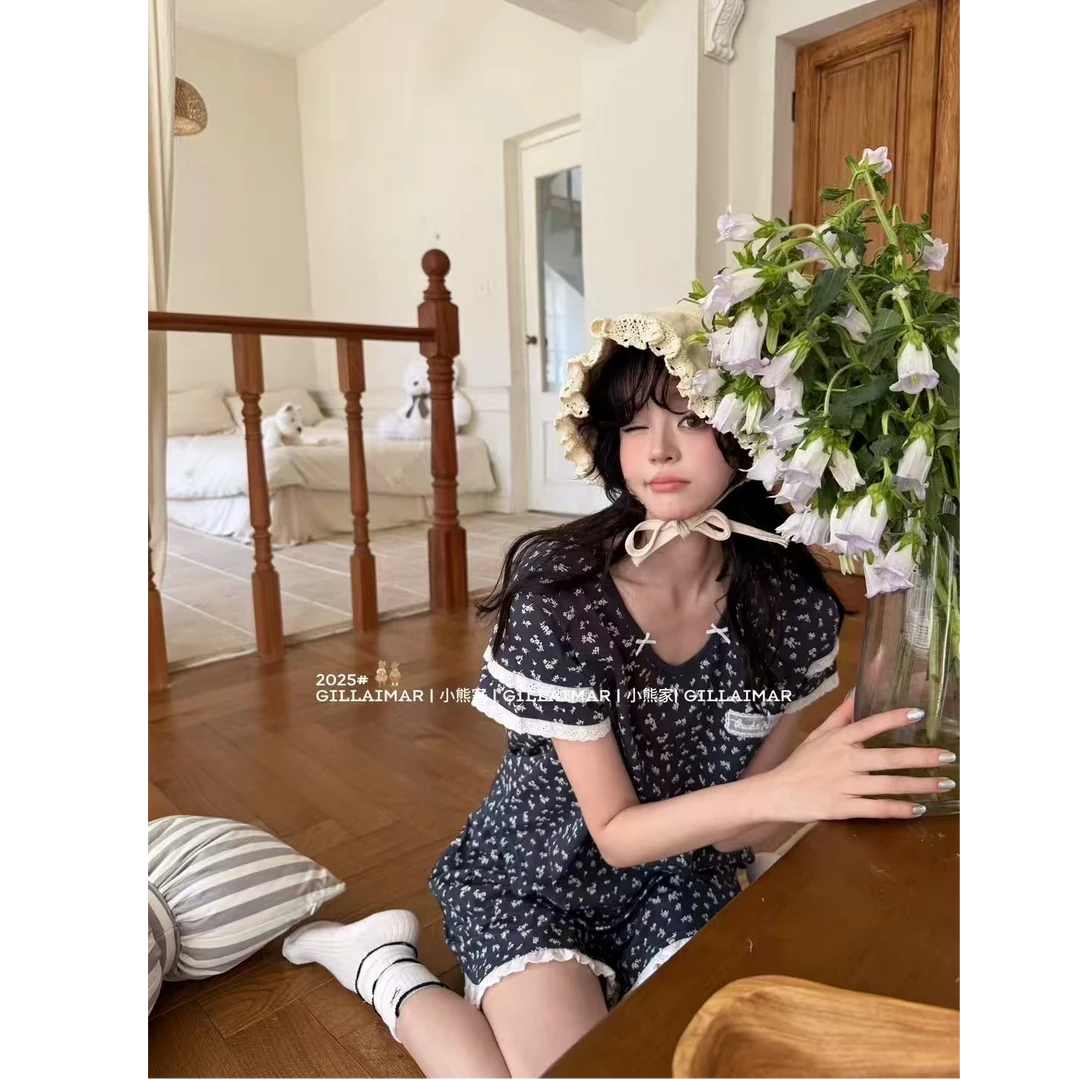 小熊家 V领碎花夏季洋气甜美休闲家居服睡衣