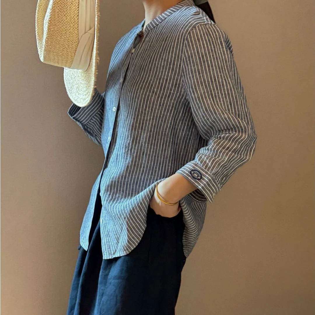 外贸单法国亚麻 小猪鼻子刺绣麻衬衫夏季简约上衣女