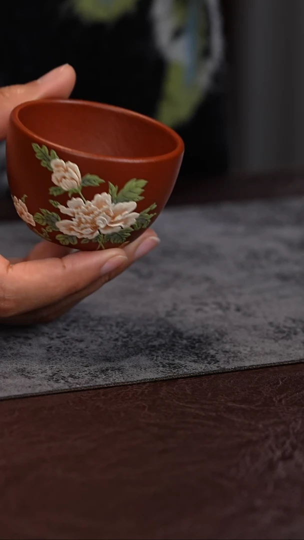 【闪购商品】紫砂茶杯朱泥 小墩杯 牡丹泥绘