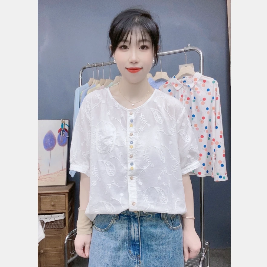 夏装新款短袖圆领精工彩色小扣重工刺绣棉衬衫复古文艺上衣女