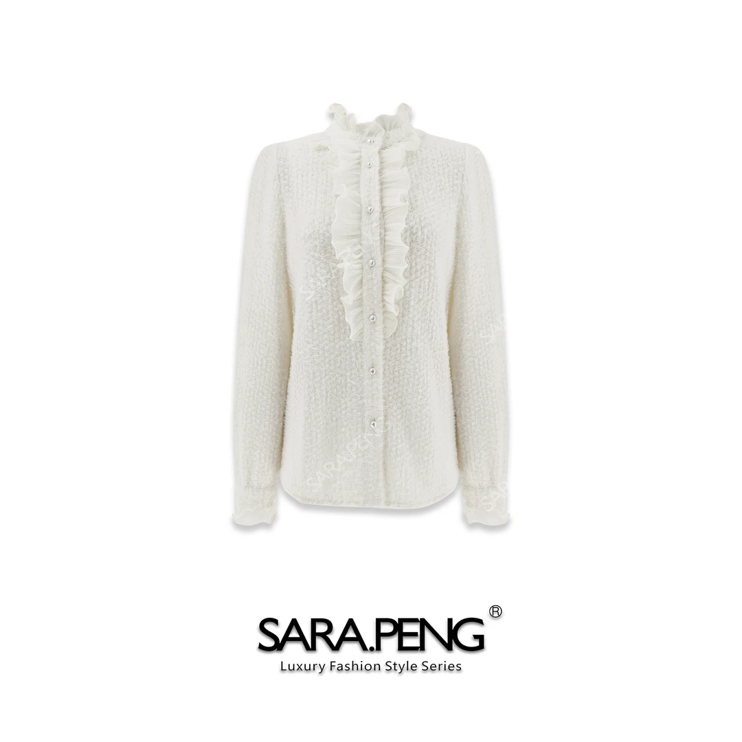 SARA.P冬日暖炉｜原创雪花拉毛手工压褶木耳边打底上衣｜5D168764