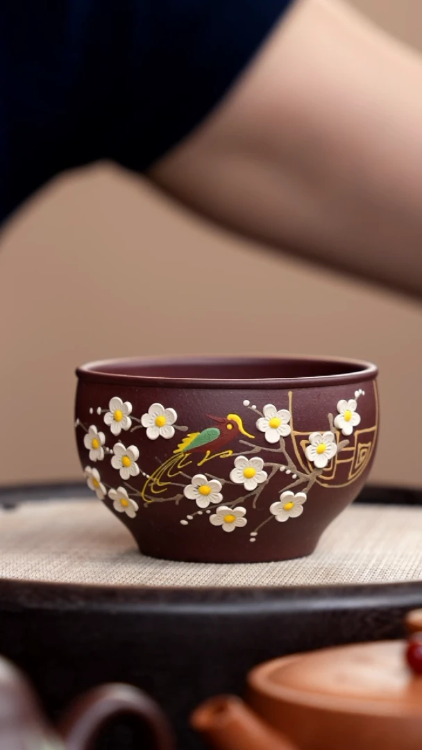 茶壶紫砂紫泥大碗杯泥绘梅花