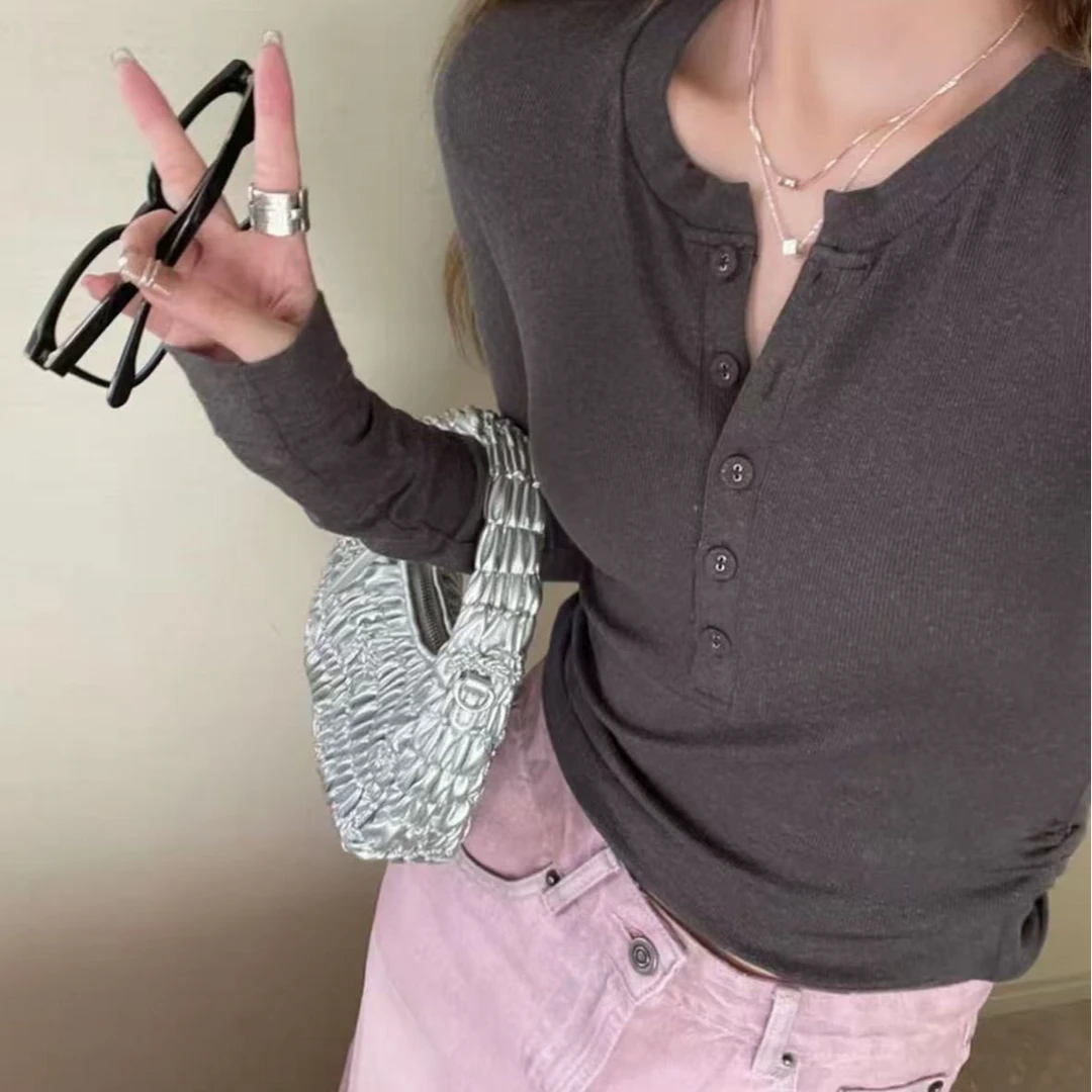 2025新款秋冬磨毛长袖修身显瘦打底半开衫纽扣纯色T恤女上衣