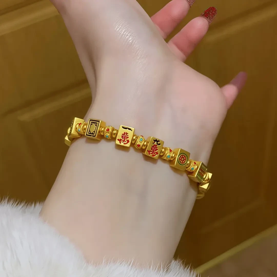 铜合金手链 ins金色麻将十三幺红中发才氛围感配饰小众轻奢潮手链