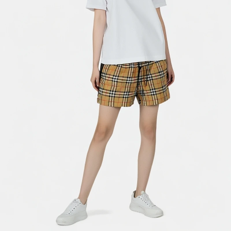 99新 BURBERRY/博柏利 12299228 经典格纹抽绳短裤 卡其色 UK6码