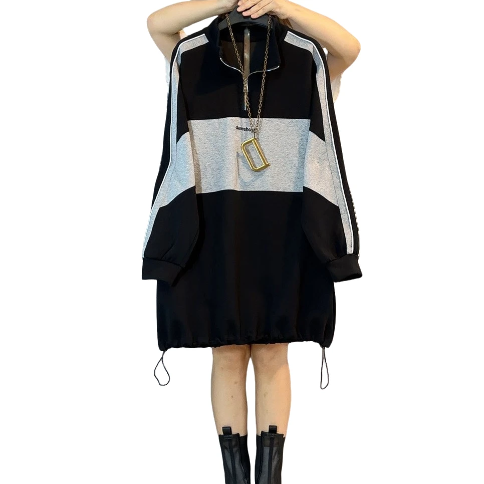 大维罗依DD秋款大码韩版宽松拼色拉链卫衣裙