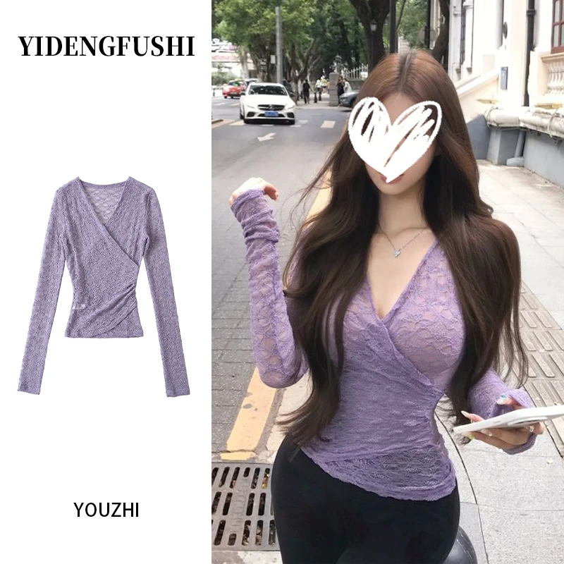 法式性感微透交叉深v领蕾丝长袖T恤女早秋修身辣妹收腰打底衫上衣