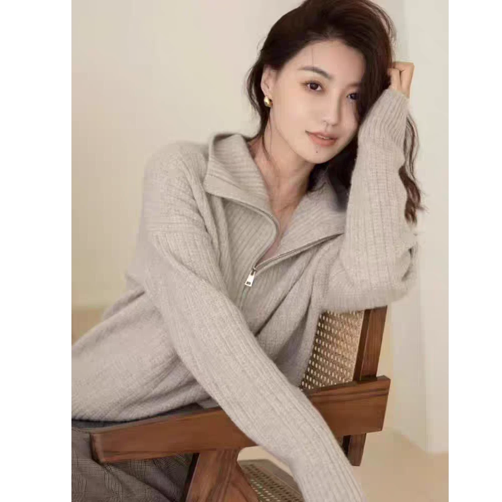 自留款翻领！100%纯羊毛针织衫女半开领拉链套头毛衣秋季加厚打底