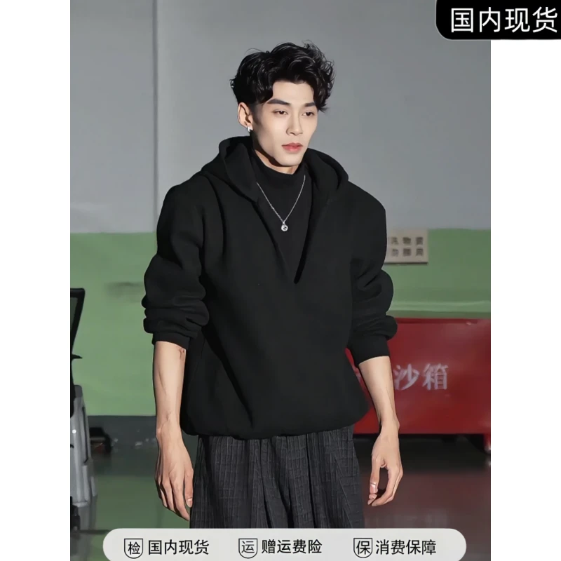 【假两件针织卫衣】冬季男士爆款潮流酷帅假两件叠穿保暖连帽卫衣
