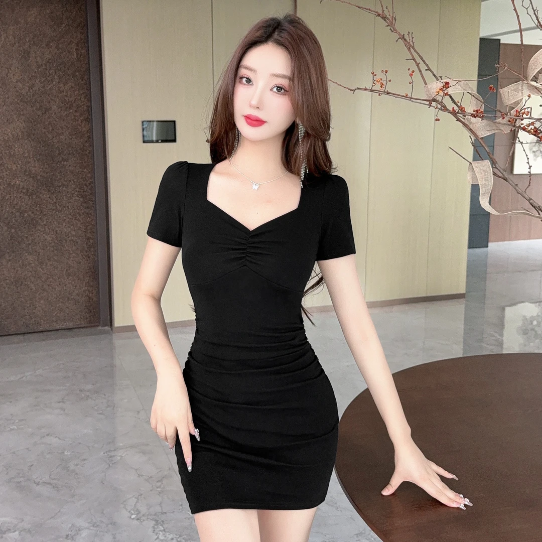 辣妹性感名媛短袖修身显瘦包臀短裙气质御姐弹力棉褶皱低胸连衣裙