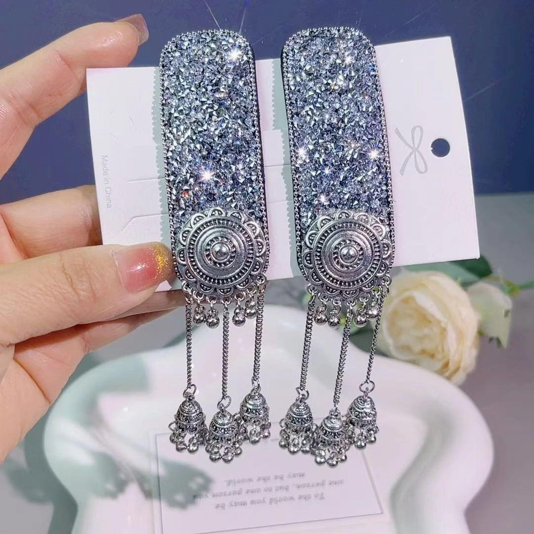 银色繁星超闪满钻铃铛流苏BB夹新中式国风发夹