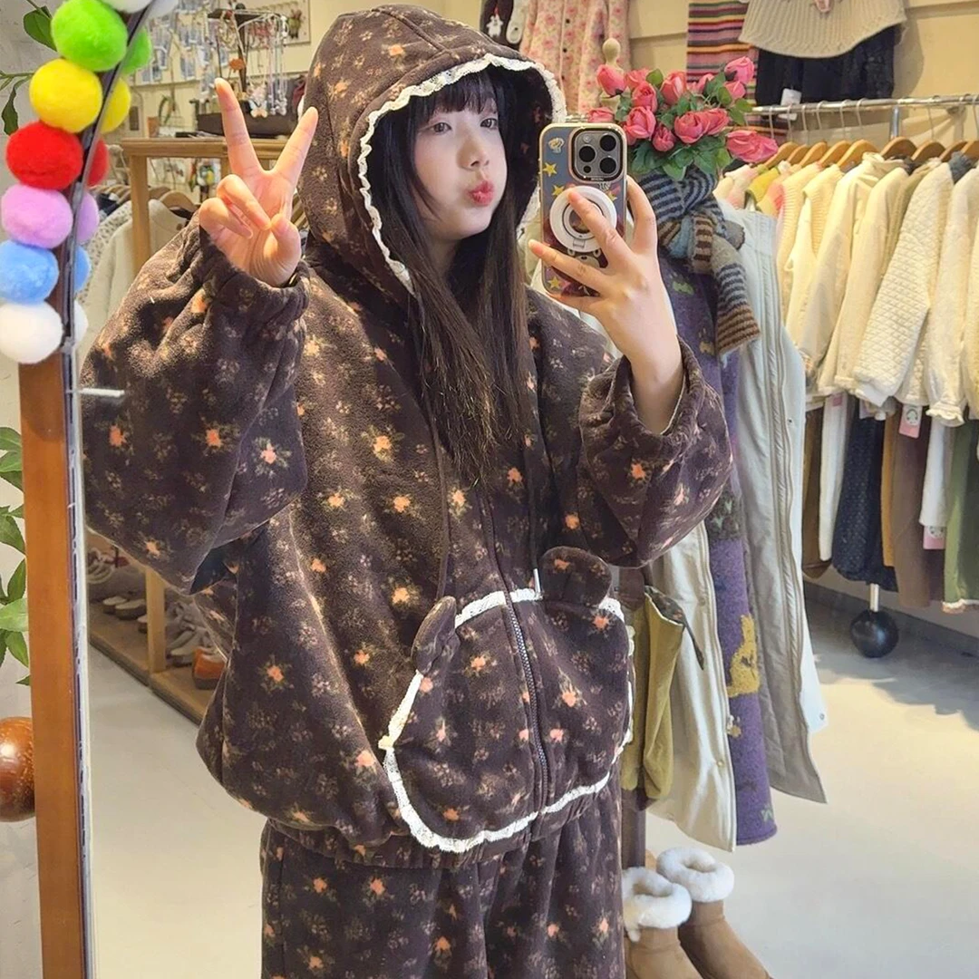 日系复古甜美碎花珊瑚绒睡衣冬季女2025新款加厚可外穿家居服套装