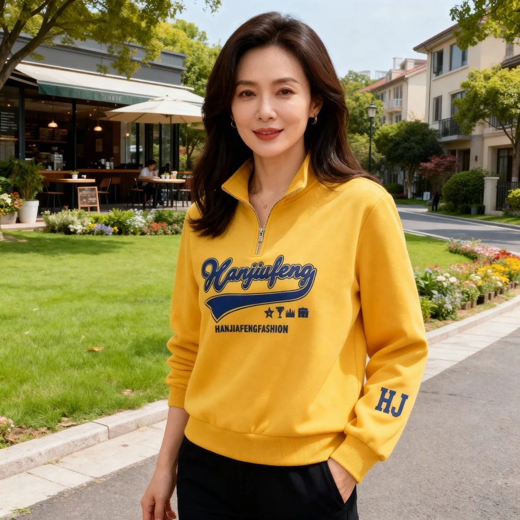 韩家枫秋冬潮流设计宽松休闲印花百搭洋气半拉链立领卫衣#9501