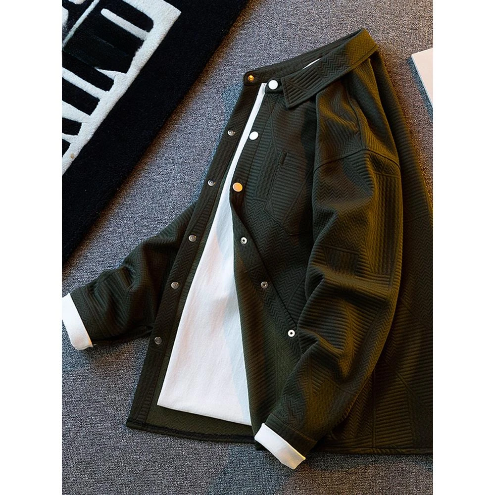 轻奢潮牌秋冬季纹理衬衫纯色高级感美式休闲宽松长袖衬衫外套男