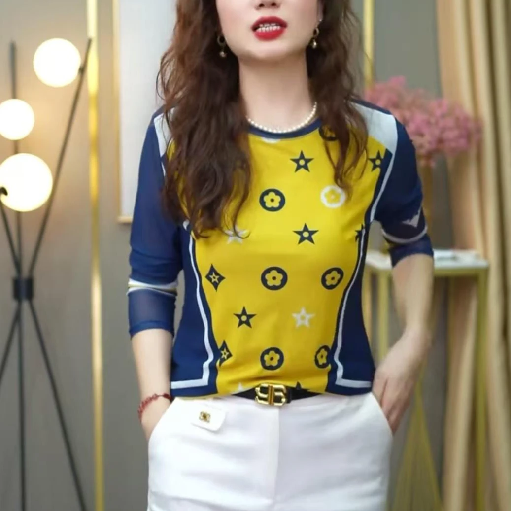 2025夏季新款大码圆领长袖黑白形状拼接印花网纱T恤打底上衣1615#