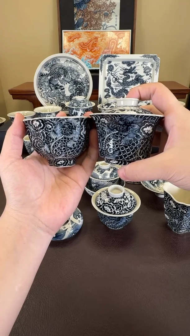 冻***?二号釉云墨麒麟马蹄盖碗+麒麟花口盏