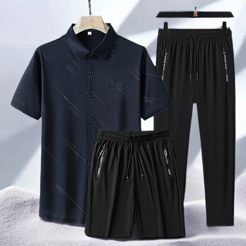 爸爸夏季冰丝短袖翻领开衫POLO衫套装透气薄款速干休闲套装男夏季