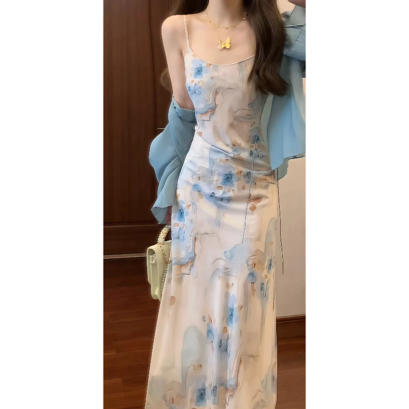 新中式国风复古晕染斜裁吊带连衣裙气质长裙&防晒空调开衫&9537