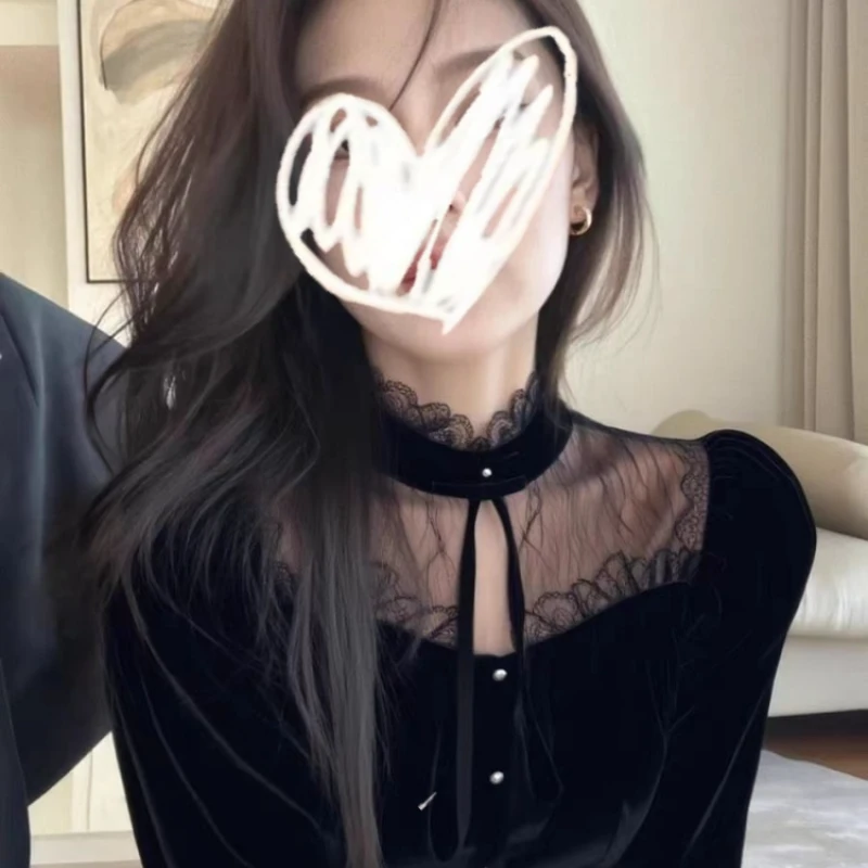 法式轻熟风蕾丝拼接立领长袖T恤2025年秋冬新款气质显瘦收腰上衣