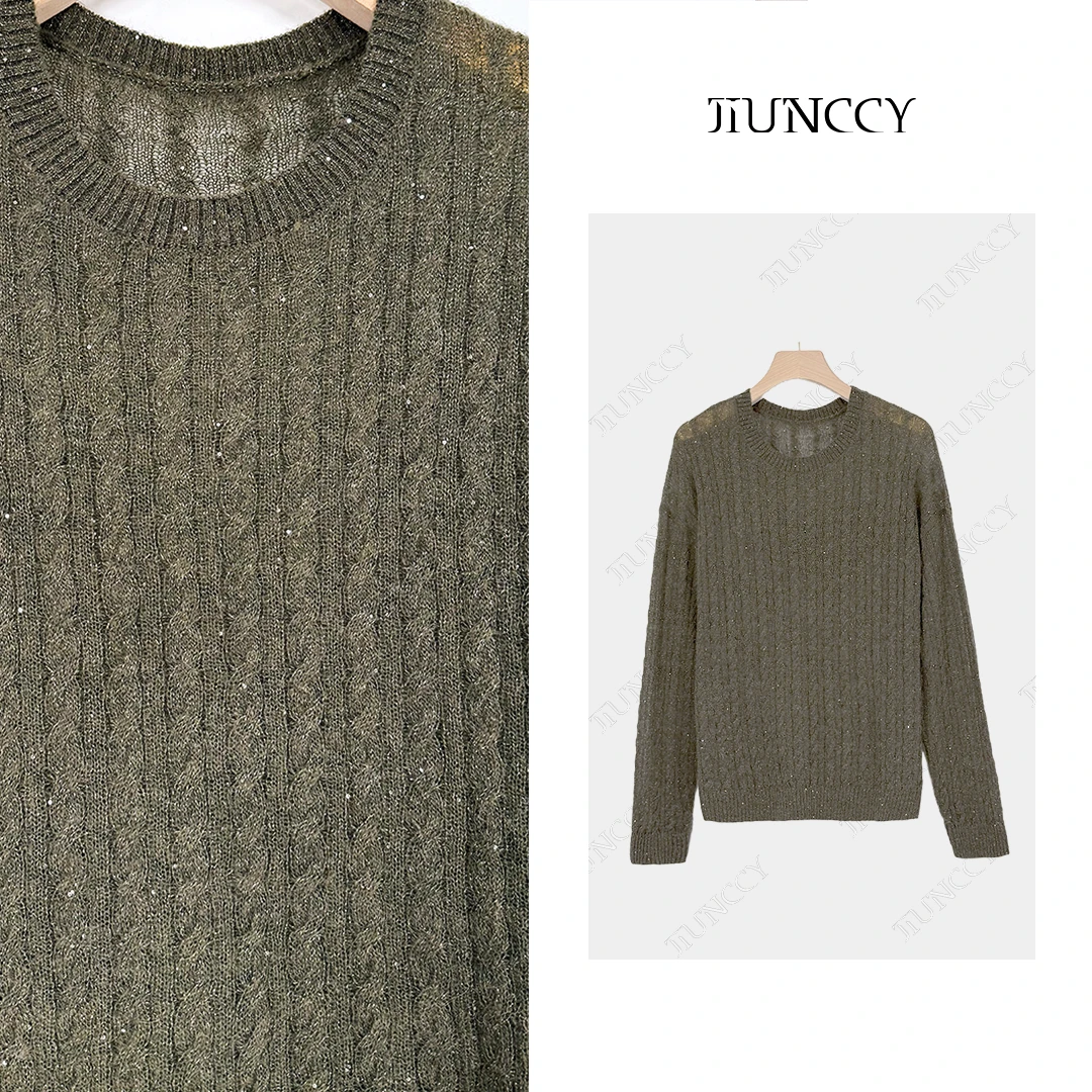 JIUNCCY【绿松】羊毛混纺金丝线珠片绿色竖绞花长袖针织衫 52YZZ100