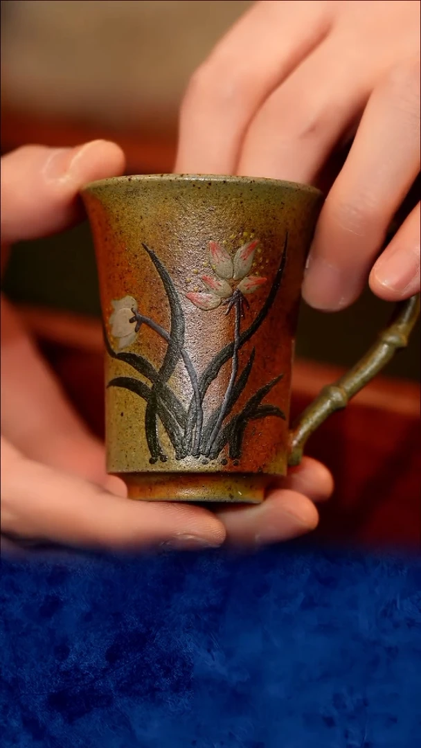 紫砂 宜兴紫砂 柴烧 把杯 蓝
