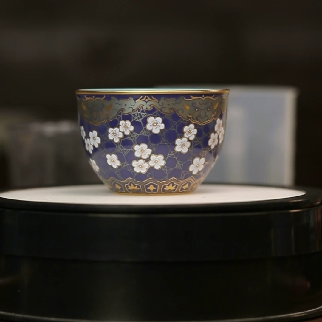 12.20/K01449/何平窑/珐琅彩万花蓝色描金杯/120cc