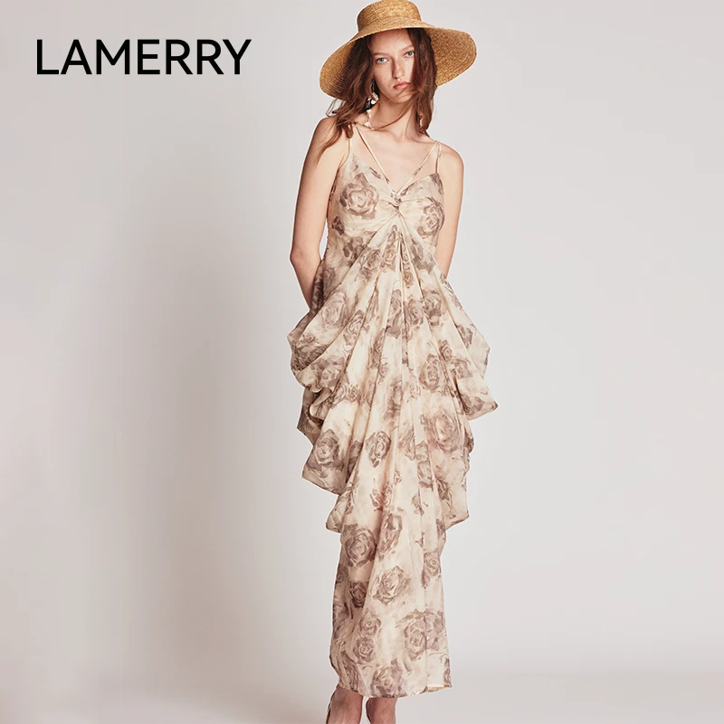 LAMERRY 花色天丝水墨玫瑰印花吊带立体褶皱设计连衣裙 LWFR1L286
