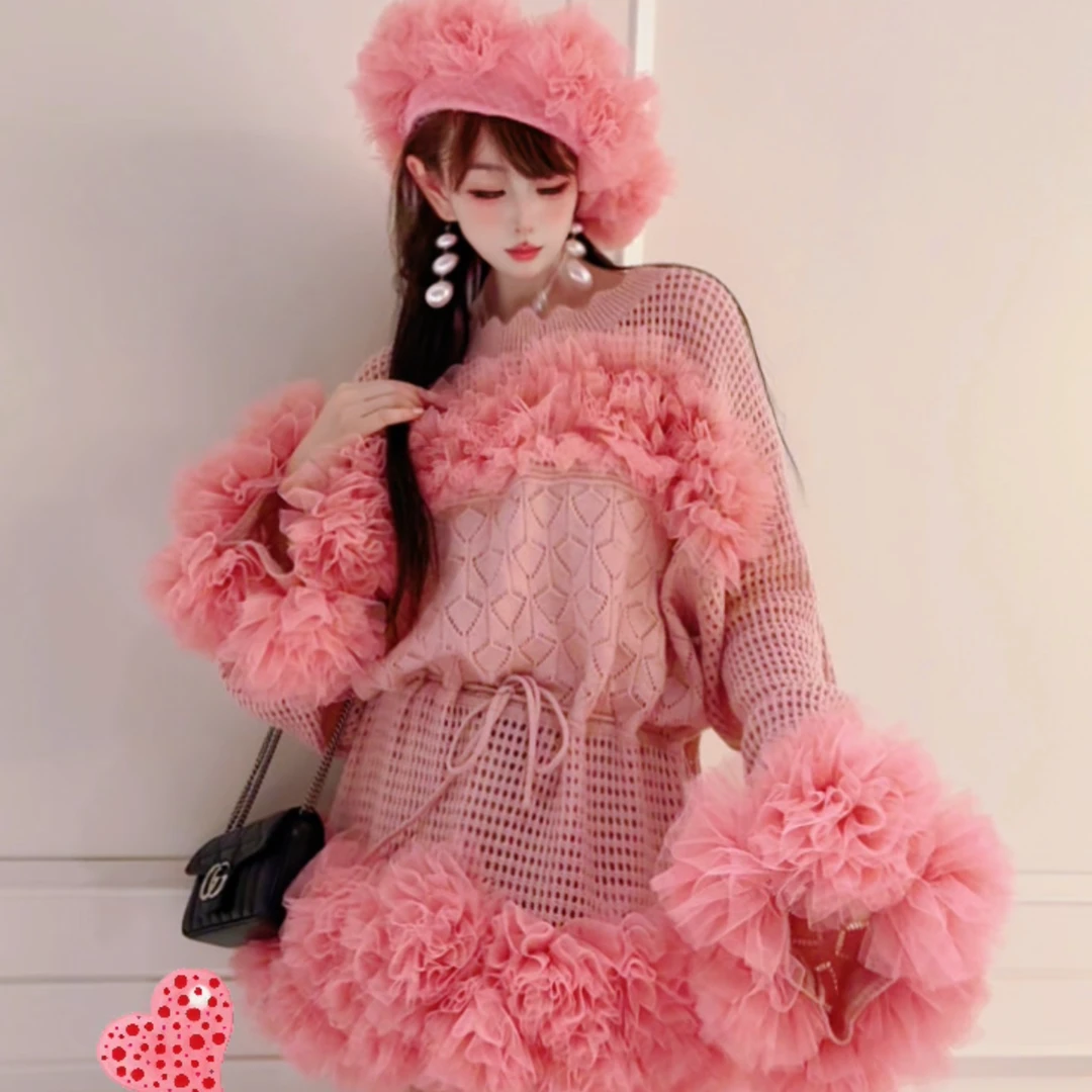 0051【熙妮潮牌】初秋新款镂空法式长袖中长款毛衣抽绳两穿蕾丝ins