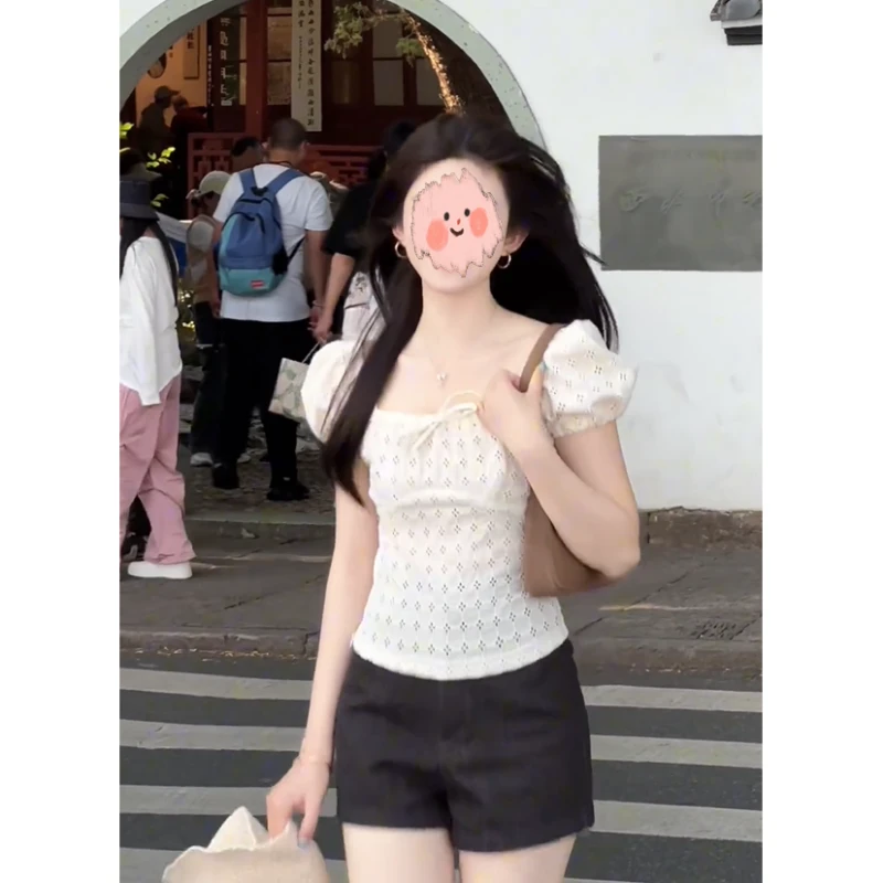 纯欲风法式白色抽绳设计感上衣小众蝴蝶结灰色短裤甜美风套装夏