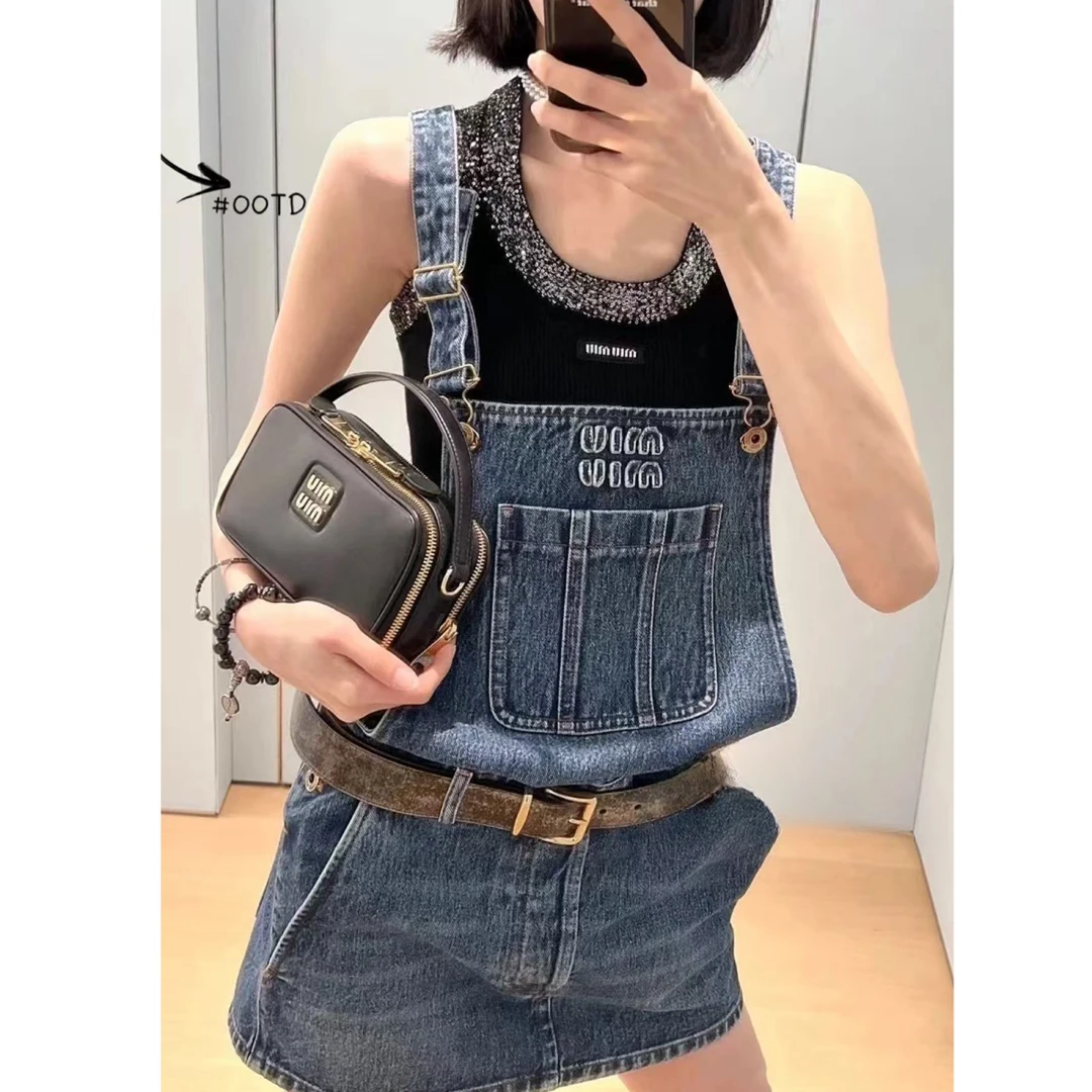 未使用 MIU MIU/缪缪 Miu Miu 字母长袖纽扣吊带连衣裙 蓝色42