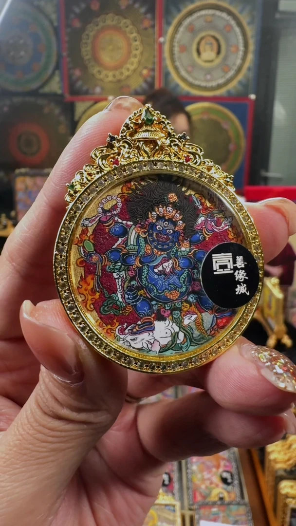 吊坠壹善缘城手绘唐卡六臂大黑天圆形双面