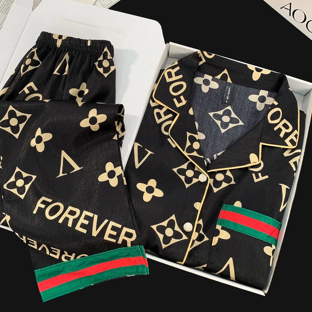 【情侣老花】长袖长裤带胸垫冰丝睡衣女春秋薄款家居服套装