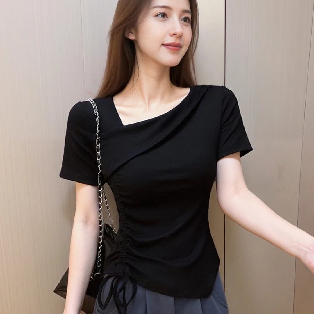 夏季黑色不规则短袖斜肩舒适T恤女内搭领口斜领显瘦新款性感上衣