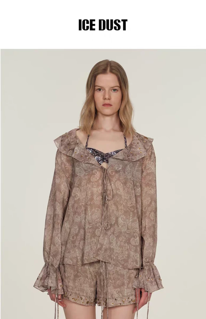 【IN11全球买手集合店】ICEDUST 腰果花荷叶边绑带衬衫女薄印花长袖