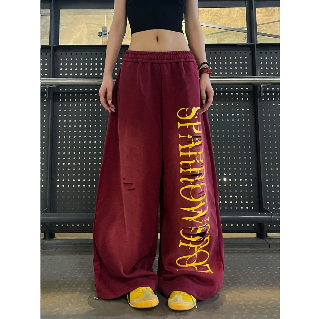美式做旧字母印花破洞休闲卫裤女嘻哈街舞宽松直筒阔腿裤