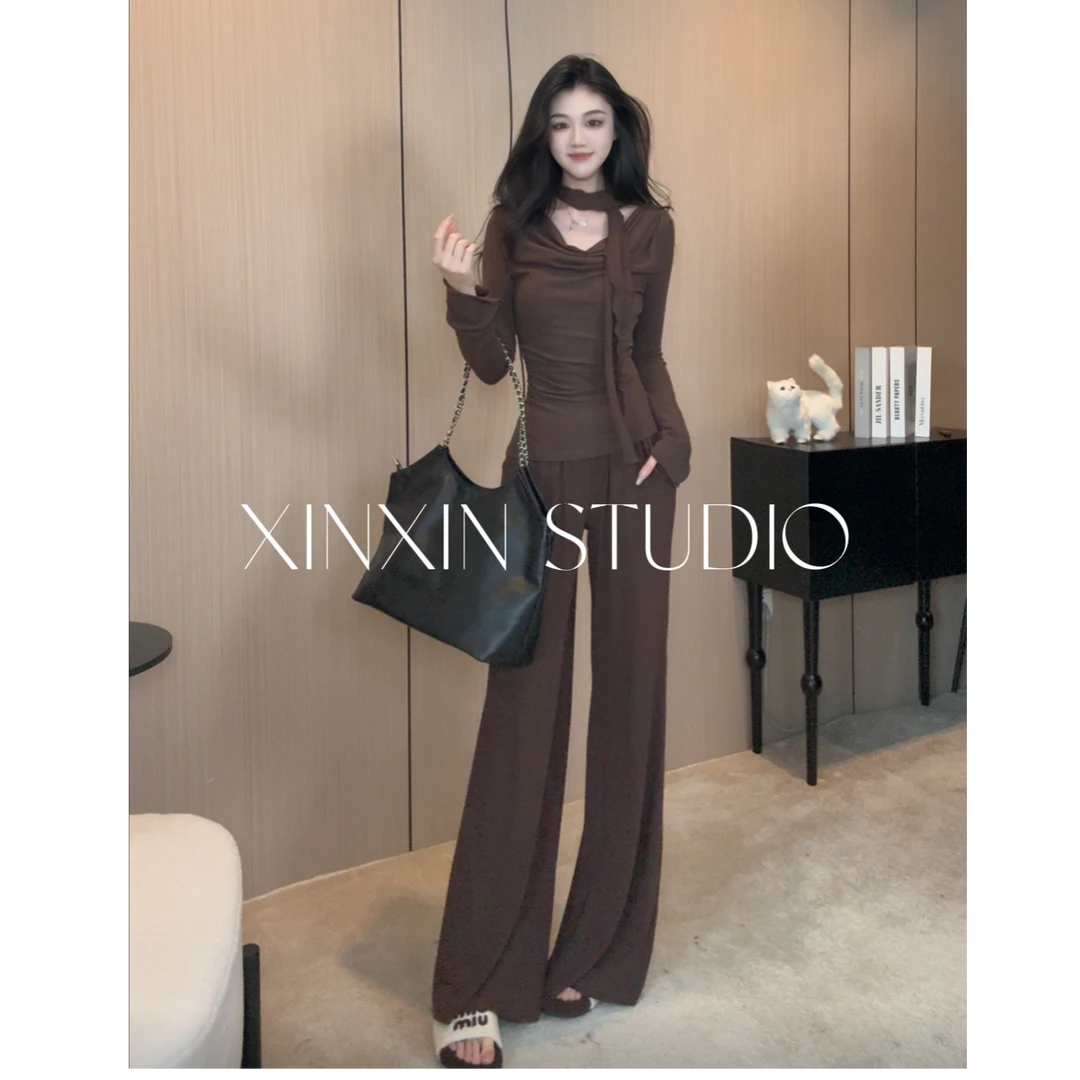 【XINXIN定制】针织飘带荡领设计感显瘦上衣+直筒长裤两件套
