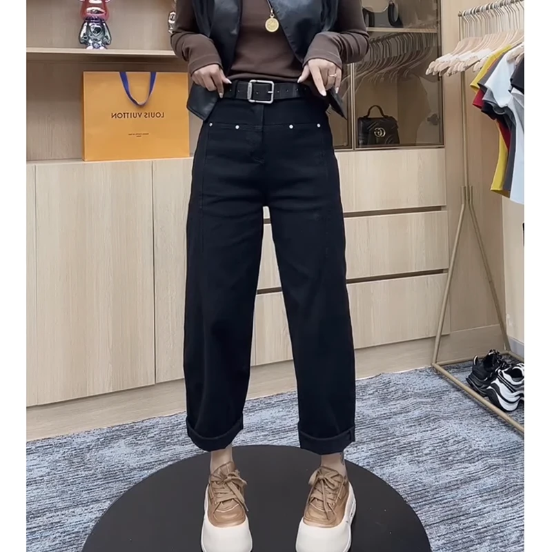 黑色直筒牛仔裤女2025年秋季新款小个子高腰显瘦九分哈伦老爹裤子