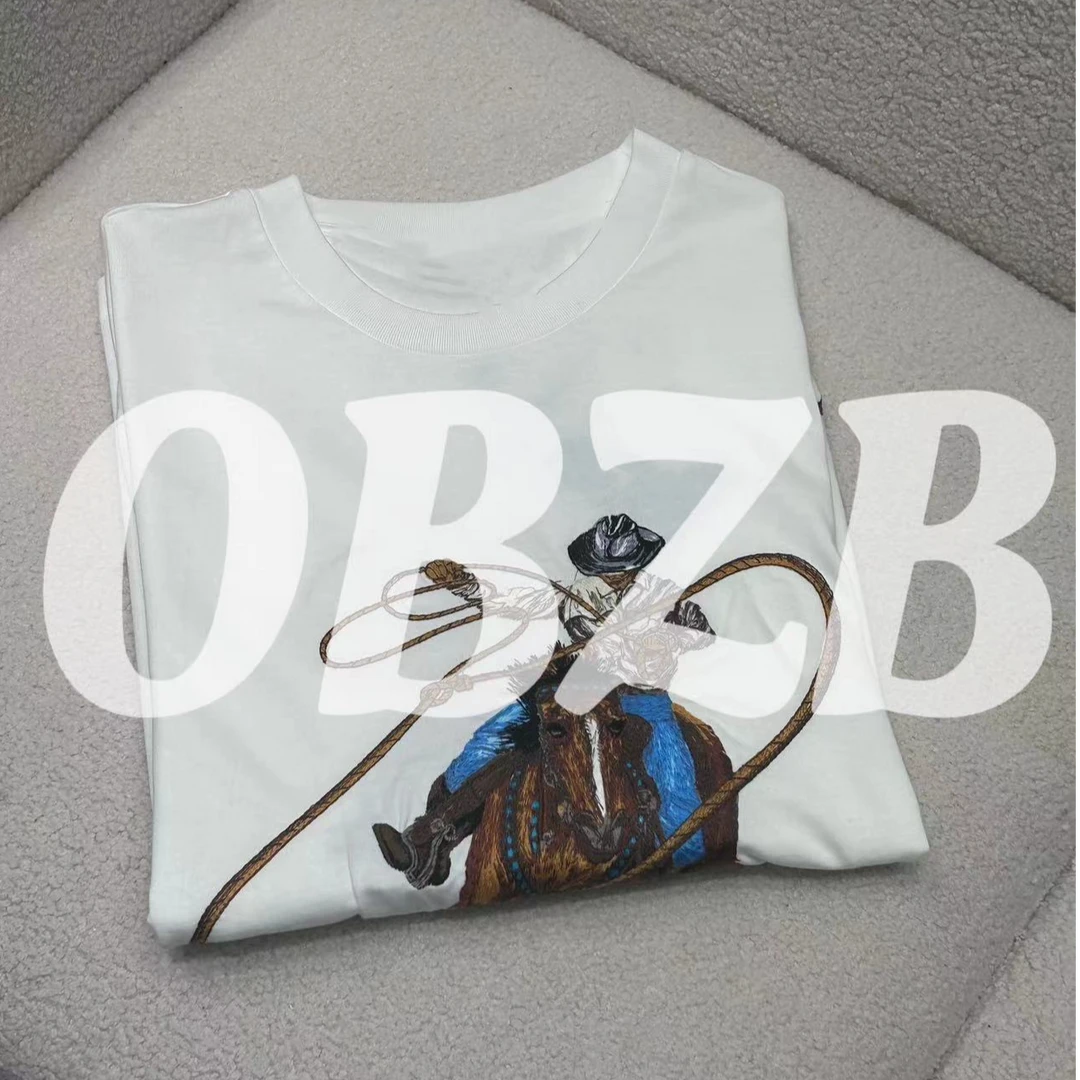 OBZB【L马术短袖】白色短袖男女同款宽松T恤1001