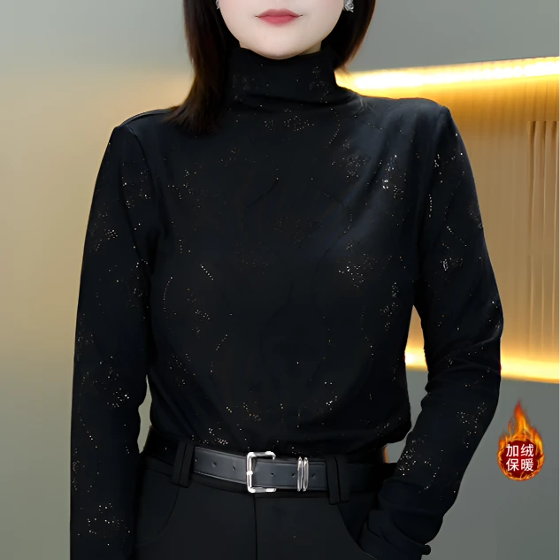 【专属】秋冬新款洋气设计感加绒烫钻打底衫显瘦气质长袖上衣7596