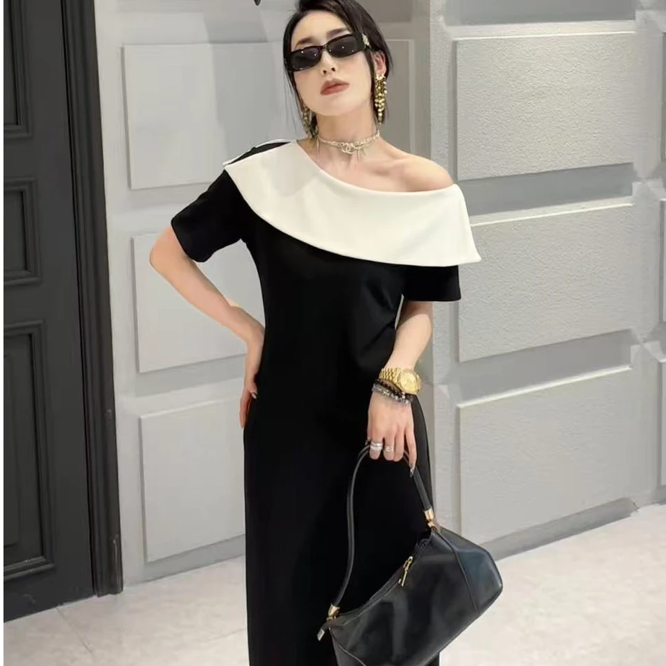 D770高级简约法式连衣裙2025夏季新款不规则撞色领显瘦裙子