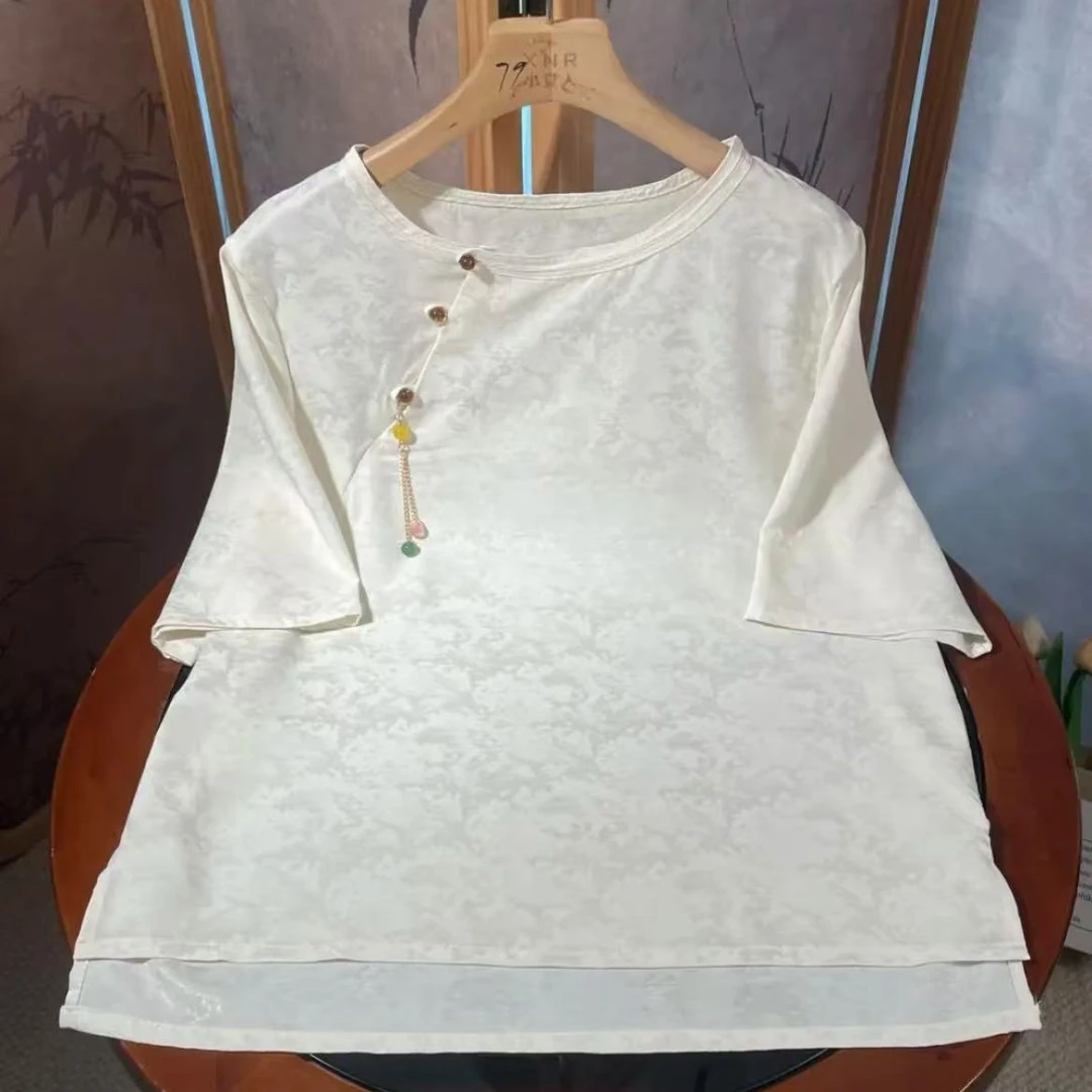 短袖夏季新中式圆领常规款衬衫提花斜襟上衣女装春夏T恤衫