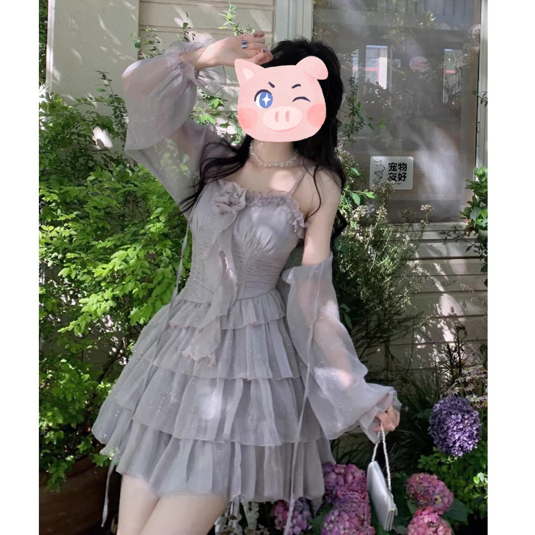 【糖糖】大码甜美雪纺细闪花朵收腰吊带蛋糕裙+系带开衫套装