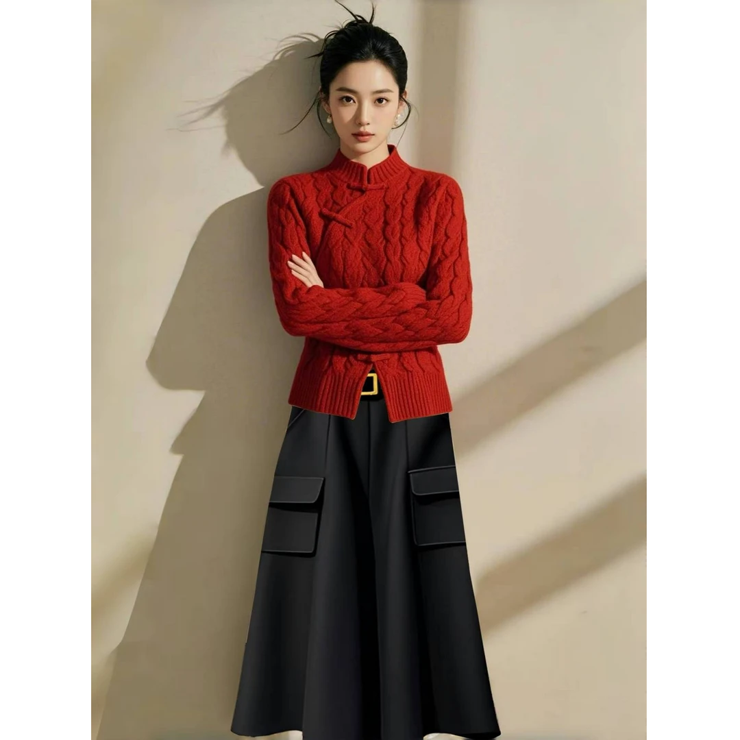 2025流行时尚潮牌女装洋气红色毛衣针织衫高端气质百搭显瘦半身裙