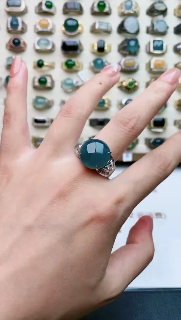 翡翠戒指银S925镶嵌天然翡翠男戒