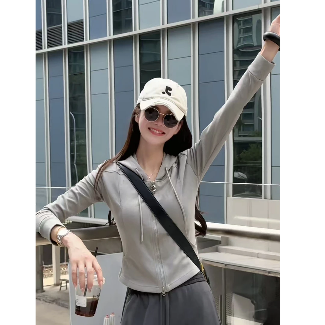 Beaunasloe美式纯色连帽卫衣女秋季街头休闲显瘦运动运动短外套3