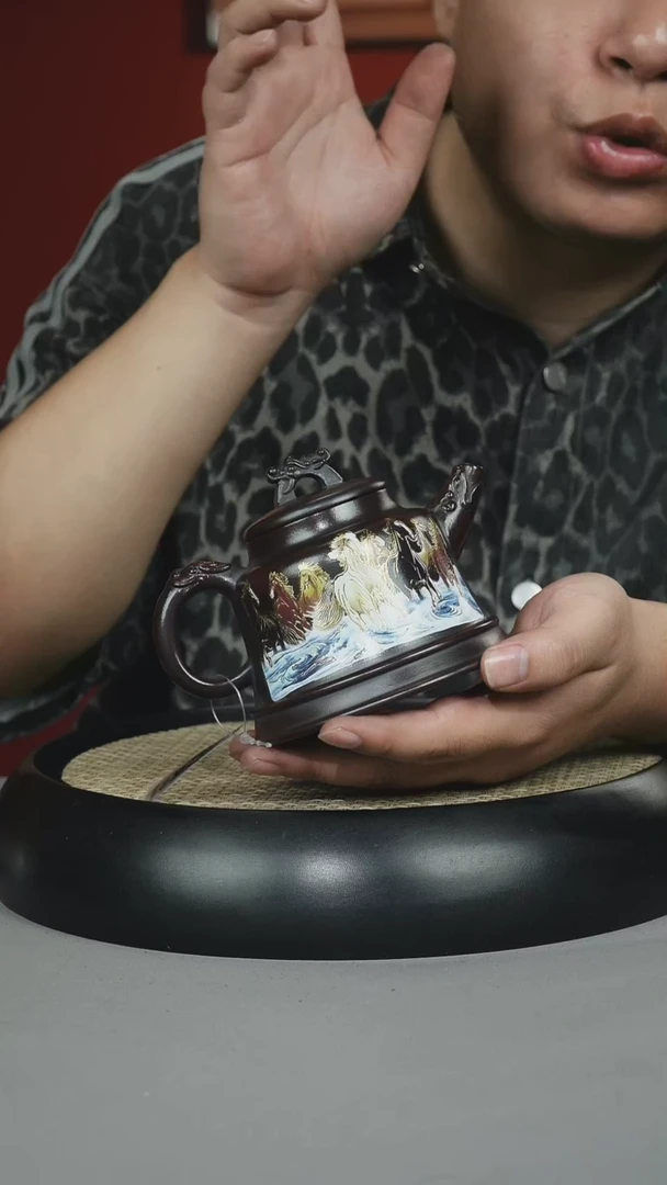 茶壶紫砂铁血红砂 龙尊金钟 八骏 珐琅彩