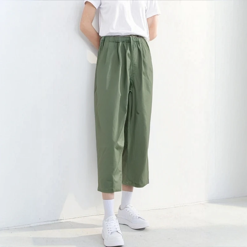 日系夏季薄款松紧高腰宽松简约百搭弹力显瘦哈伦萝卜裤25062646