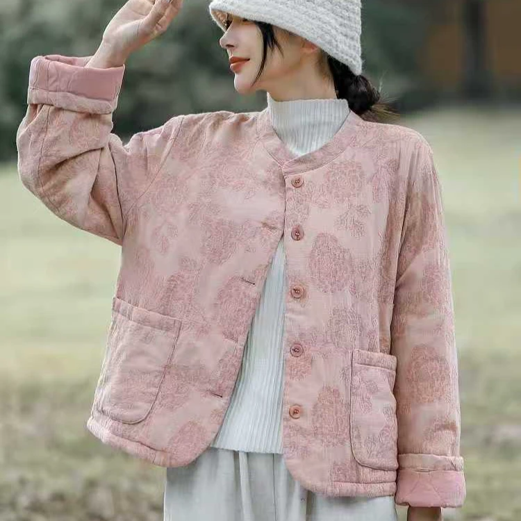 2025冬新款厚款保暖提花印染短款棉服棉衣文艺中国风宽松女棉服