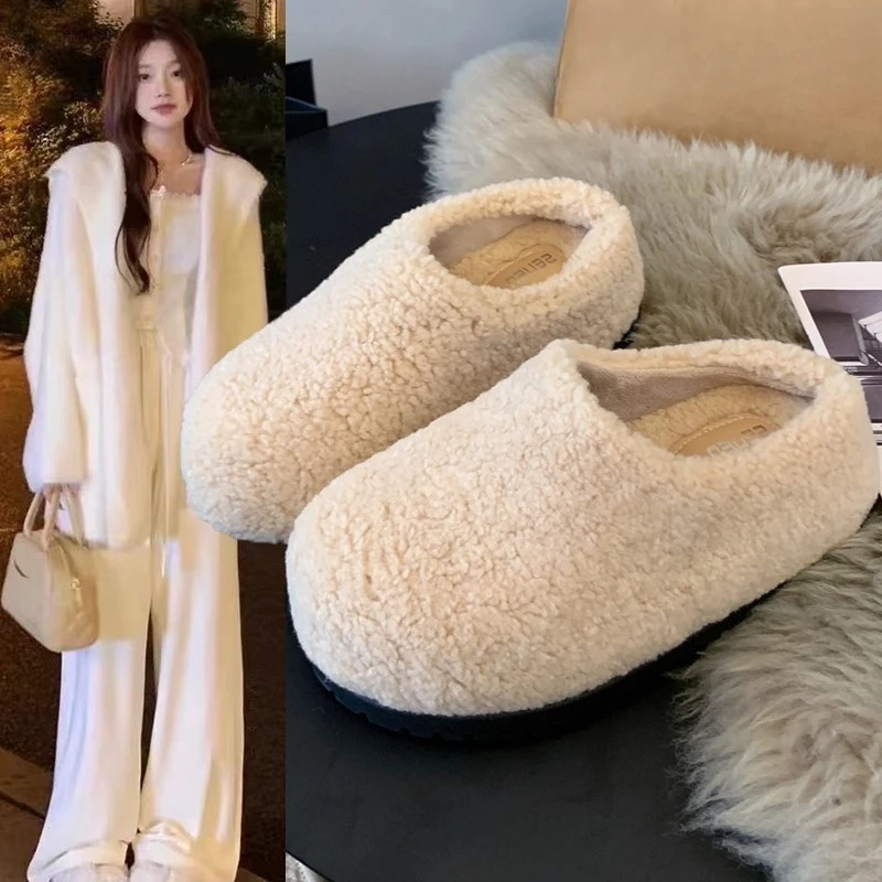 白色厚底勃肯鞋毛毛拖鞋女外穿加绒保暖增高秋冬季2025新款棉拖鞋